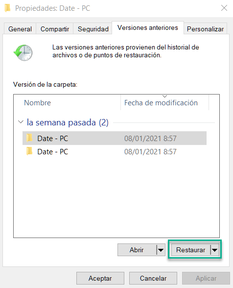 Restaurar versiones anteriores en Windows