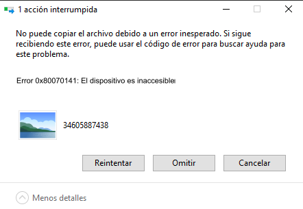 Acción interrumpida el dispositivo es inaccesible