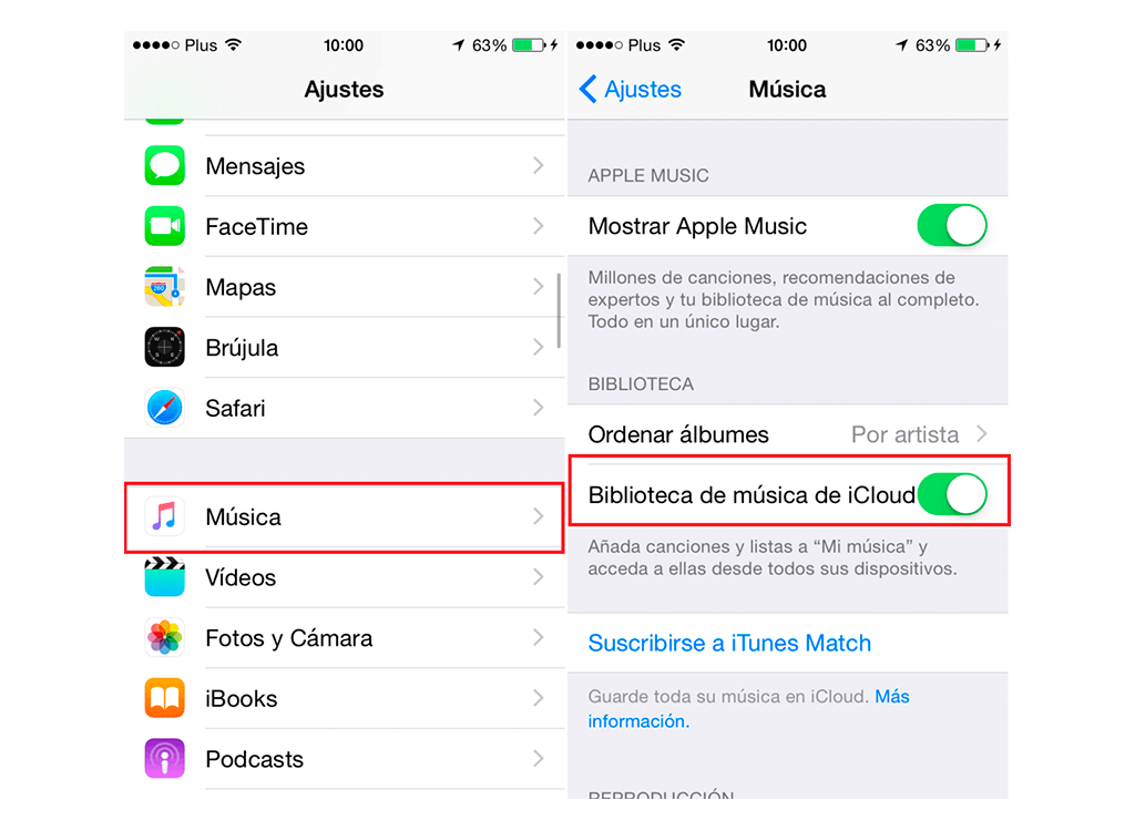 activar Biblioteca de música de iCloud en iPhone