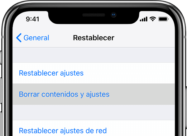 Borrar contenidos y ajustes iPhone