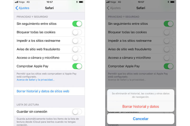 Borrar el historial de navegación en iPhone