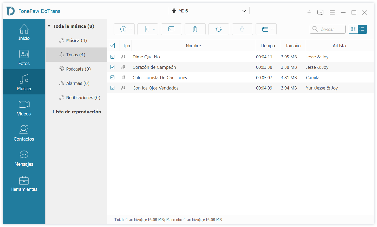 Seleccionar los datos y exportarlos al dispositivo