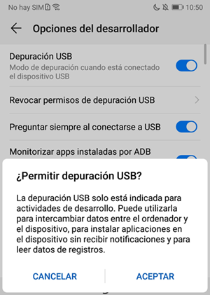 Activar la depuración de USB