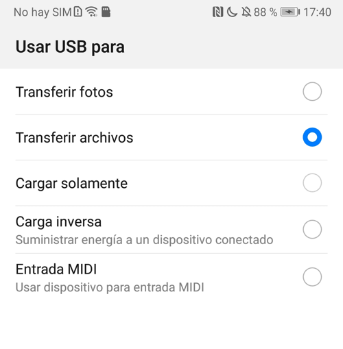 Usar USB para transferir archivos