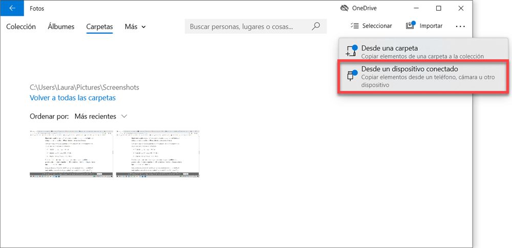 Importar fotos desde un dispositivo conectado