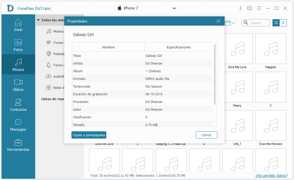 verificar informaciones de música iPhone