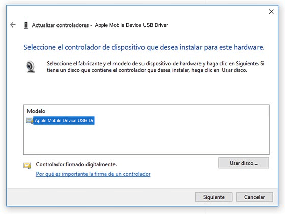 Instalar controlador de Apple Mobile Device USB