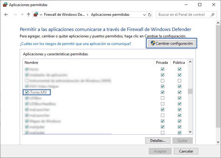 permitir iTunes comunicarse a través de Firewall de Windows Defender