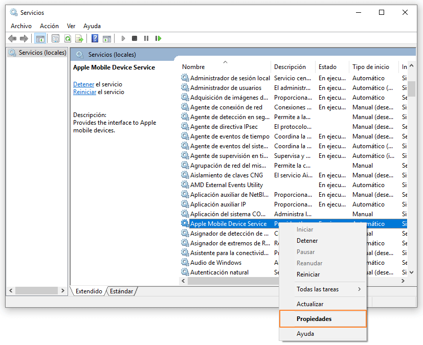 abrir propiedades de Apple Mobile Device Service