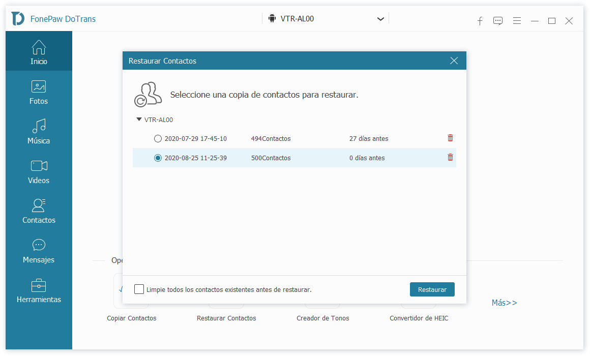 Restaurar contactos de backup