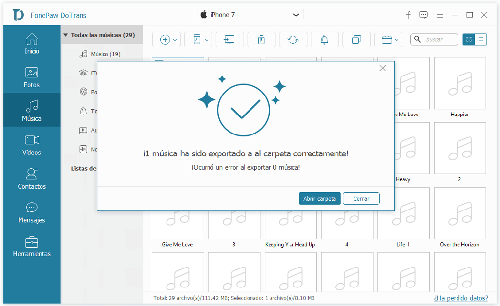 transferencia completada de música iPhone