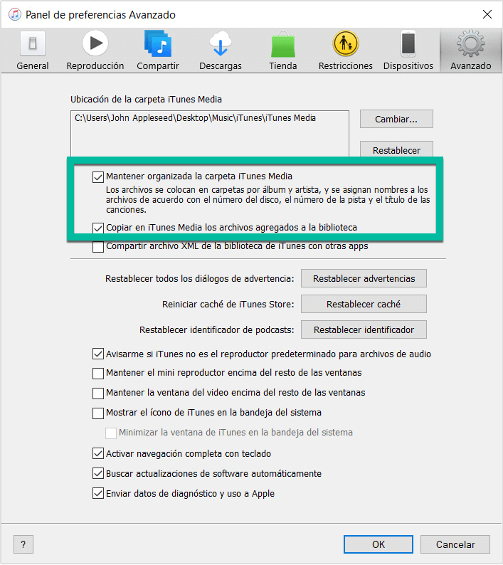 iTunes Preferencia Avanzado