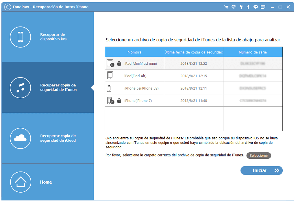 escanear datos en la copia de seguridad de iTunes