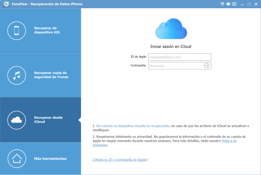 Iniciar sesión de iCloud en FonePaw