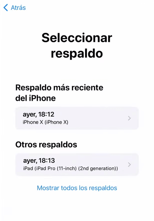 Seleccionar el respaldo en iPhone