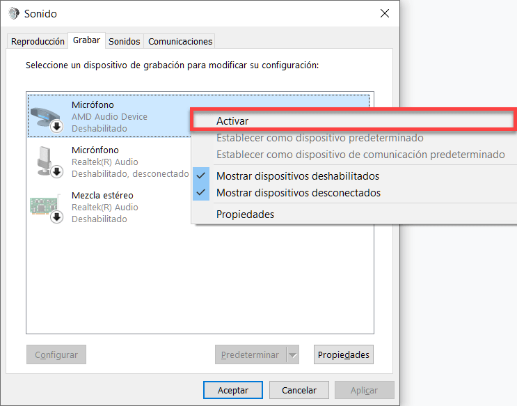 Activar el micrófono en el panel de control de sonidos