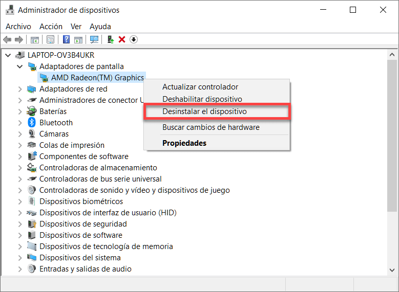 Desinstalar el dispositivo en Administrador de Dispositivos