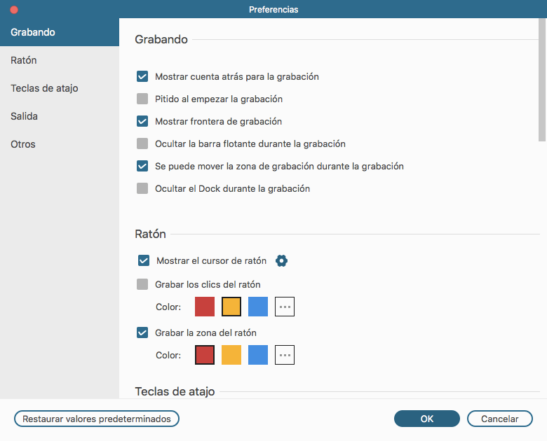 Configurações de gravação