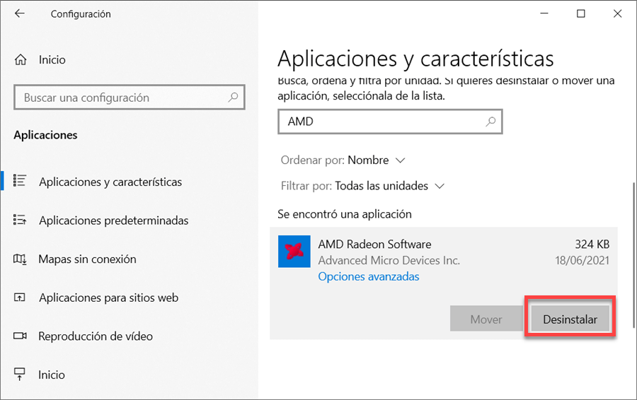 Desinstalar el controlador gráfico en Configuración