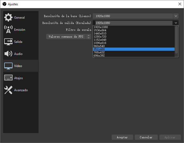 bajar resolución de salida OBS Studio