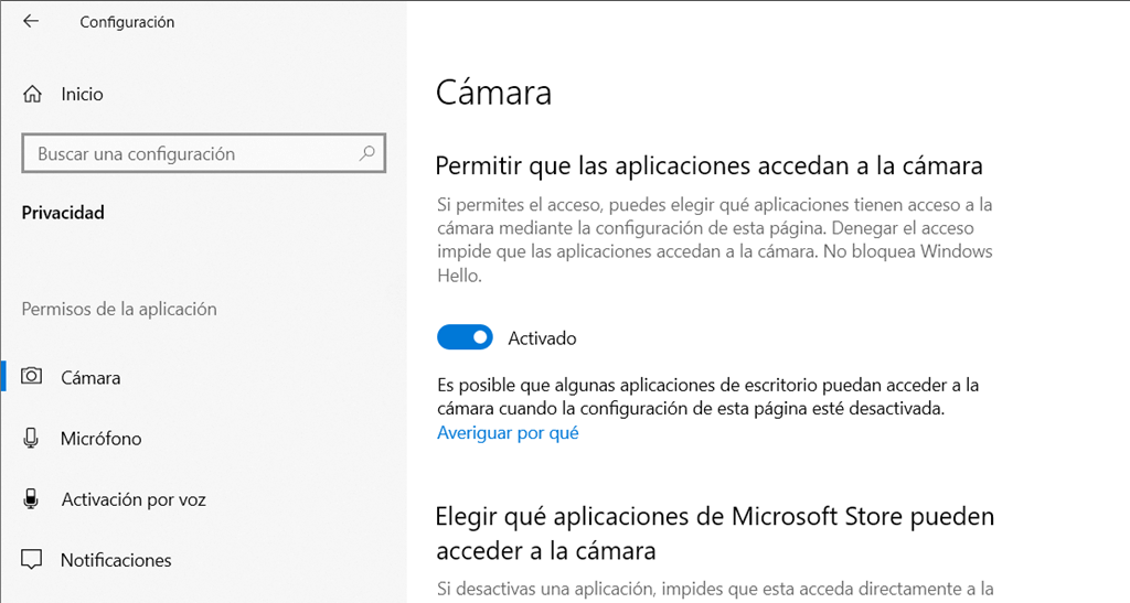 Configurar privicadad cámara Win 10