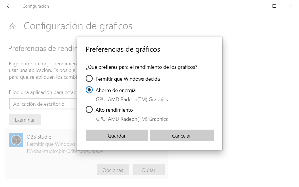 Establecer Ahorro de energía de tarjeta AMD