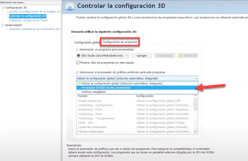 Configurar el procesador NVIDIA Alto de Rendimiento