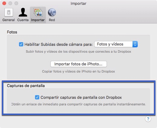 desactivar compartir capturas de pantalla con Dropbox