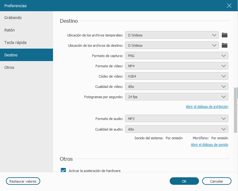 destino en más configuración