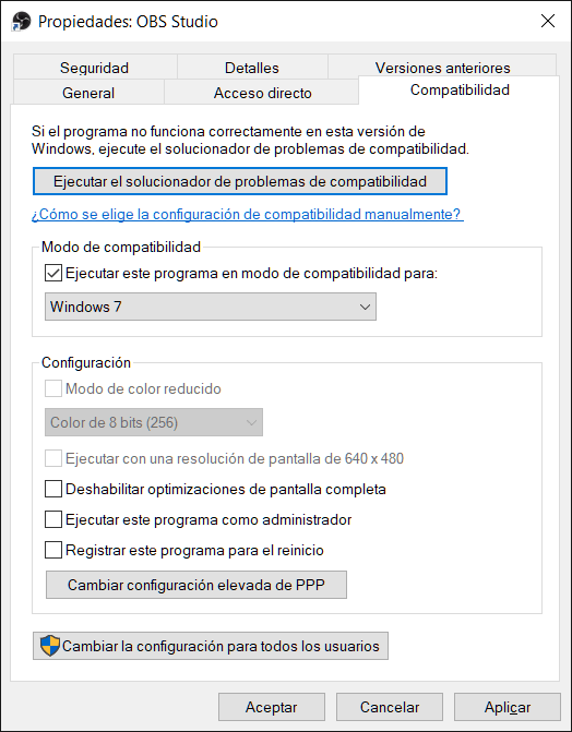 Ejecutar el programa en modo de compatibilidad obs.