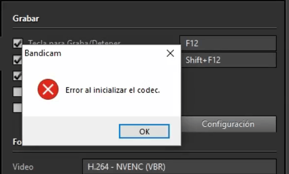 Bandicam Error al inicializar el codec