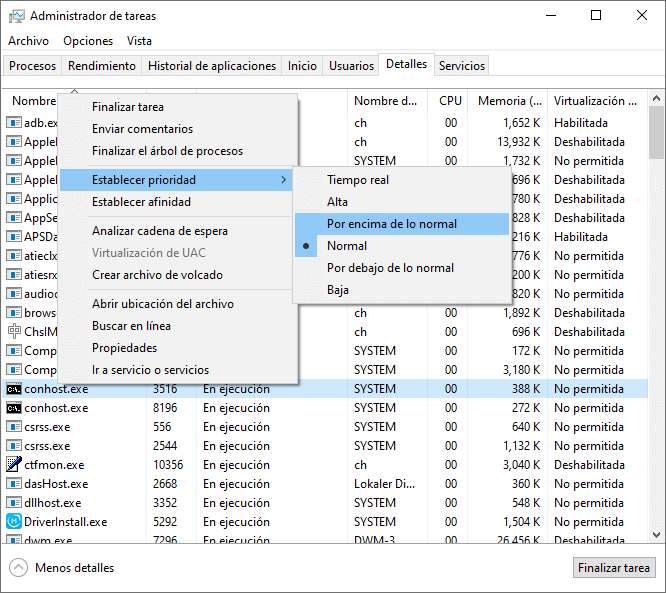 establecer prioridad de OBS Studio