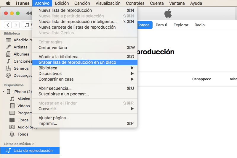 grabar lista de reproducción en iTunes