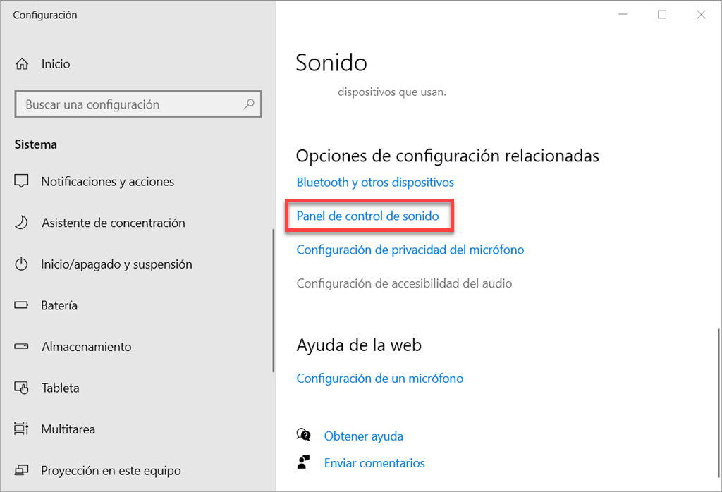 Entrar en el panel de control de sonido