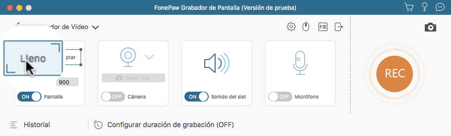 las opciones de área de grabación