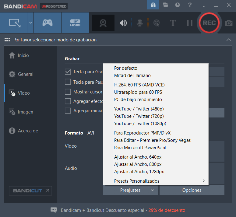 Personalizar el codec de Bandicam