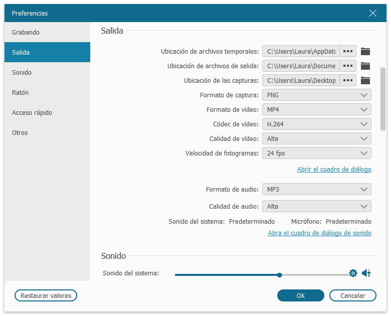 Preferencias para establecer la grabación