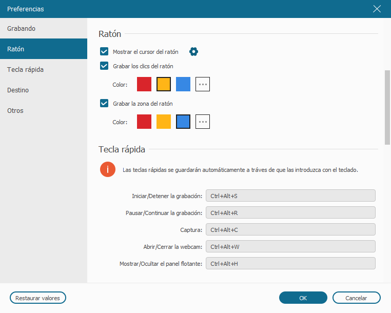 personalizar configuraciones de grabación