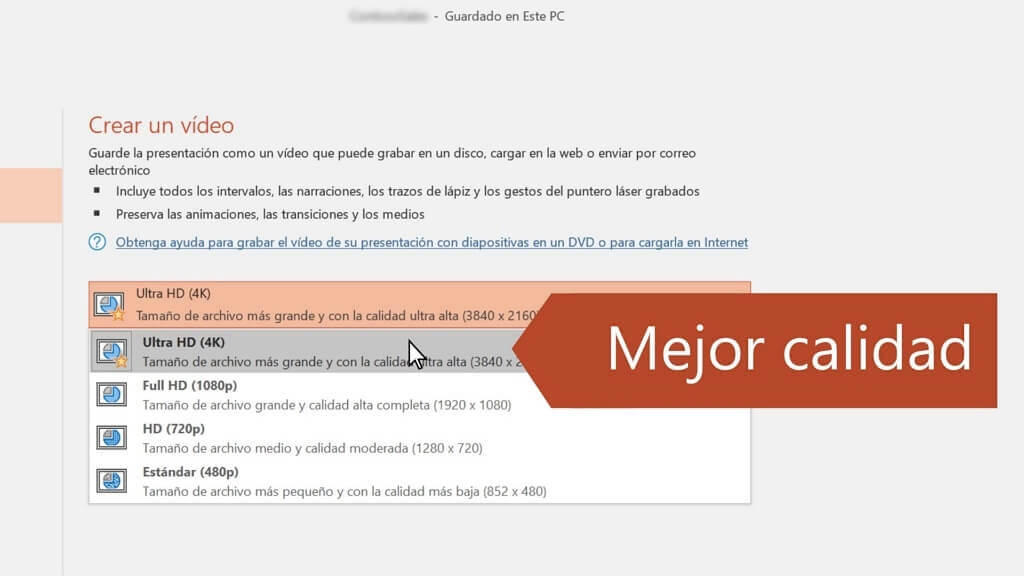 seleccionar calidad al crear vídeo Powerpoint