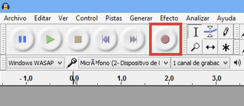 tocar botón rojo para grabar Spotify con Audacity