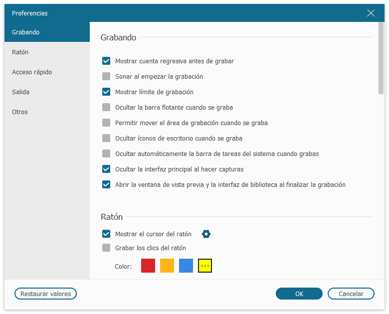 Ajustes de grabación