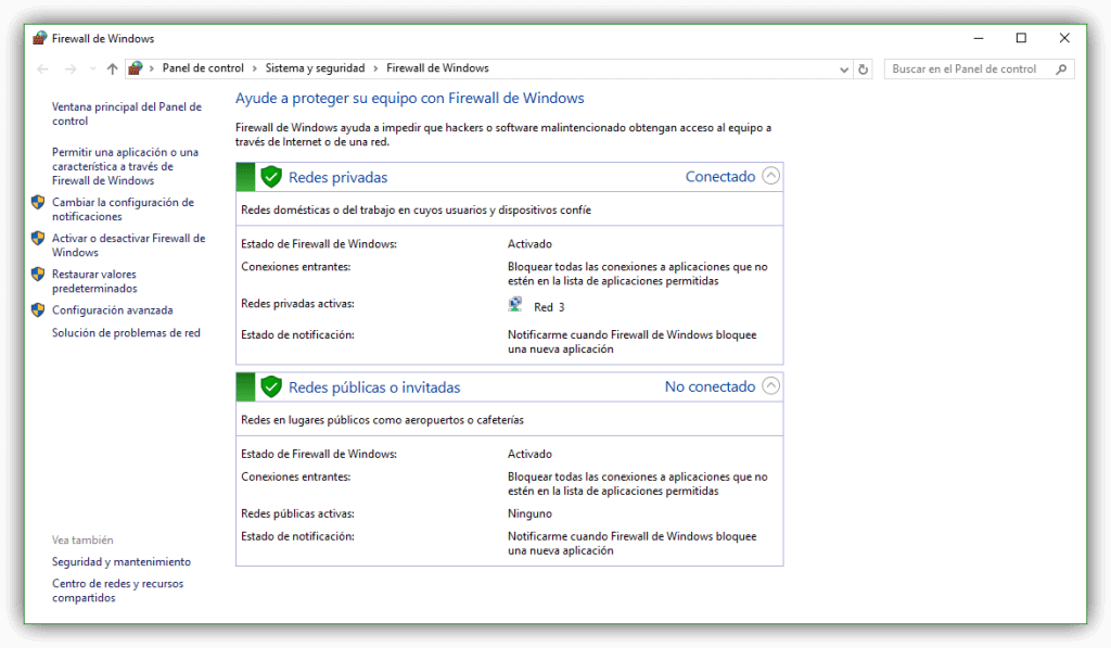 activar o desactivar firewall de Windows