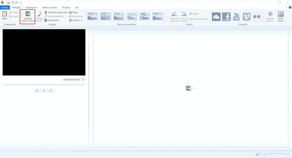 agregar vídeos y fotos a Windows Movie Maker