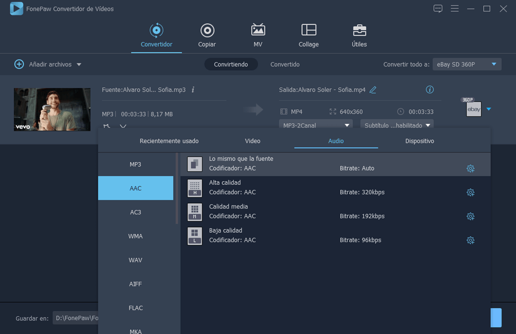 Seleccionar el formato del audio para convertir