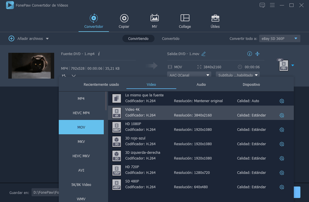 Seleccionar el formato para convertir