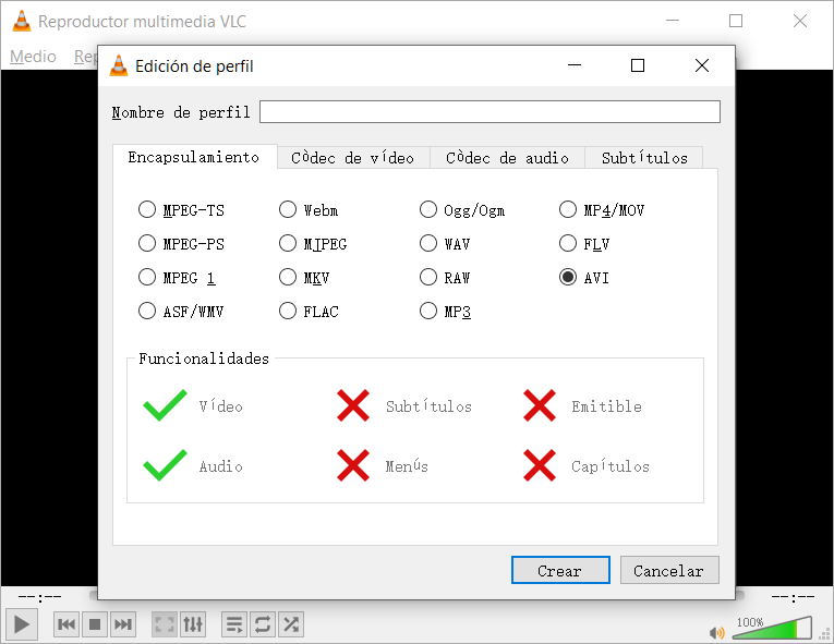 Crear perfil AVI en VLC