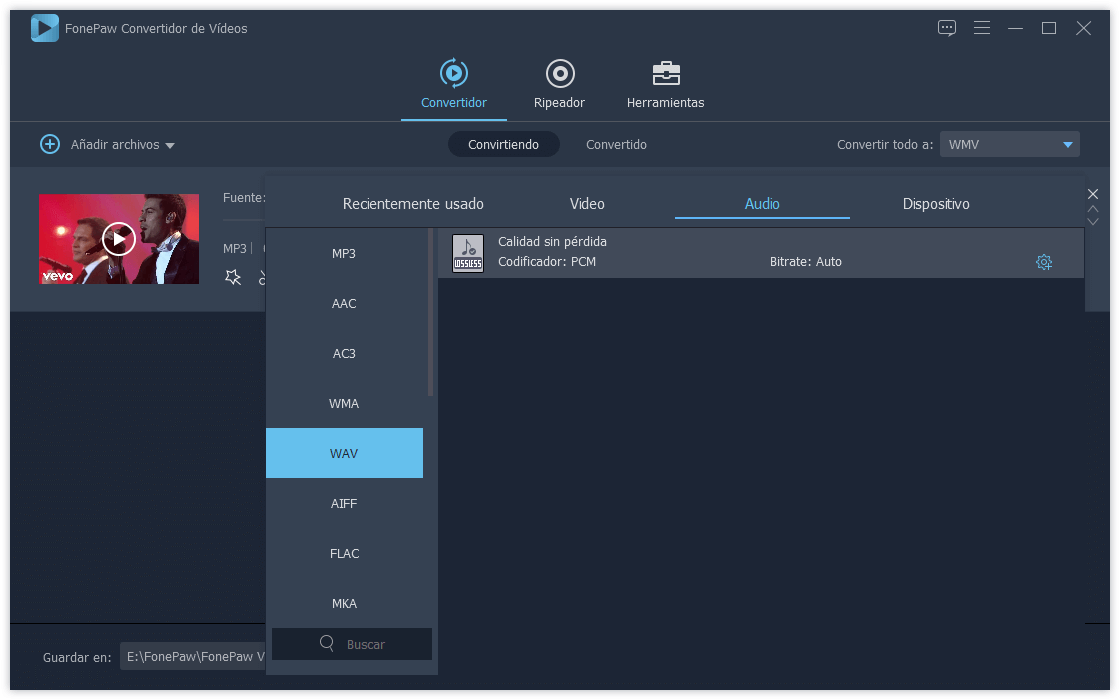 Seleccionar WAV como formato de salida