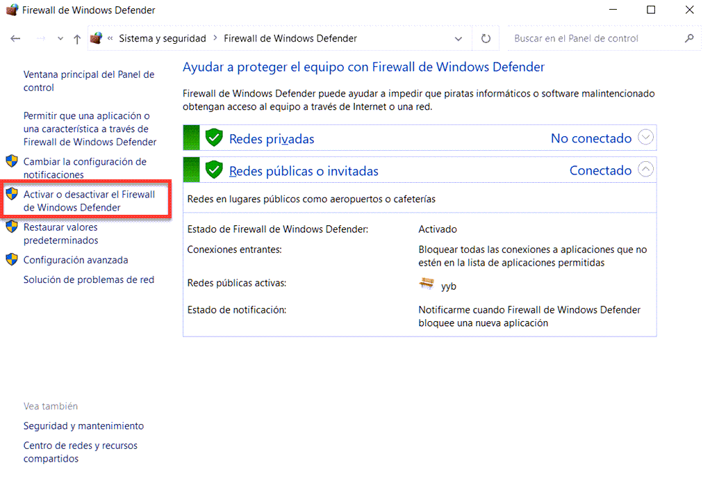 Activar o desactivar Firewall de Windows