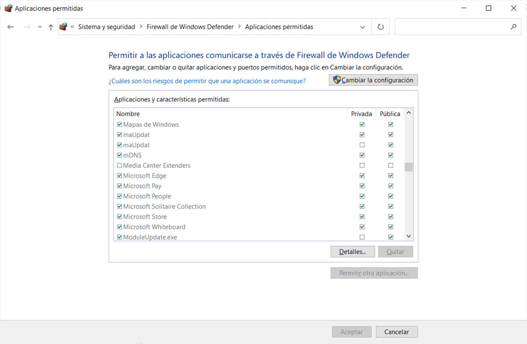 Permitir a las aplicaciones comunicarse a través de Firewall de Windows Defender