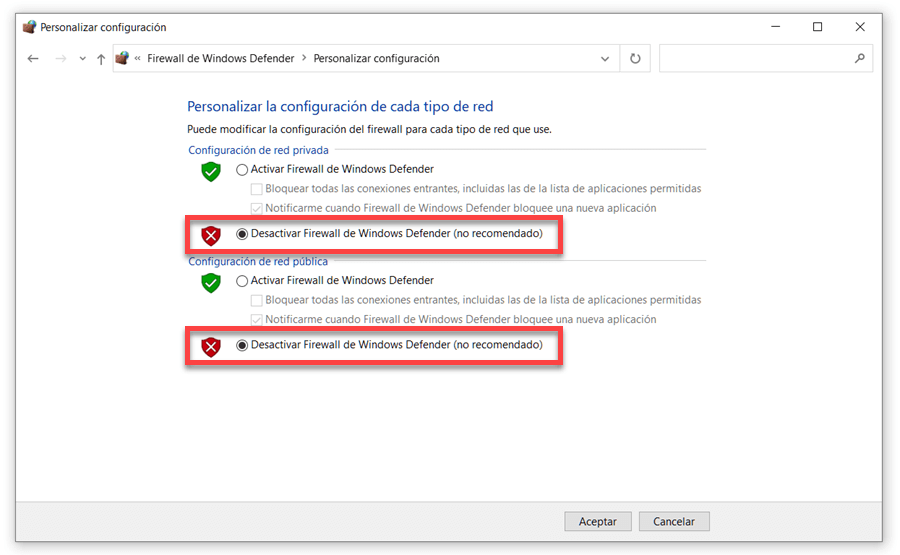 Desactivar Firewall de Windows Defender